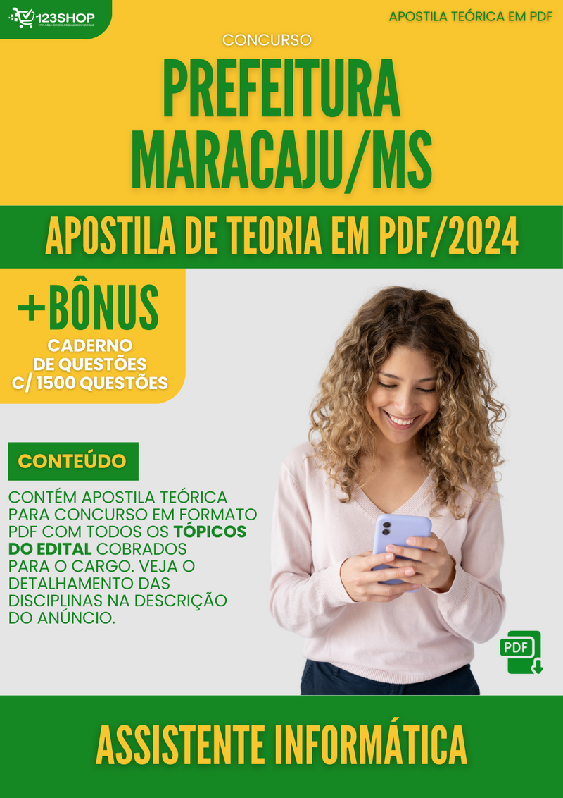 Apostila Teórica para Concurso Pref Maracaju MS 2024 Assistente Informática - Com Caderno de Questões | loja123shop