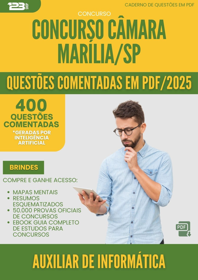 1000 Questões Comentadas para Concurso Auxiliar De Informatica Camara da Prefeitura Marilia Sp 2025 - 400 Questões