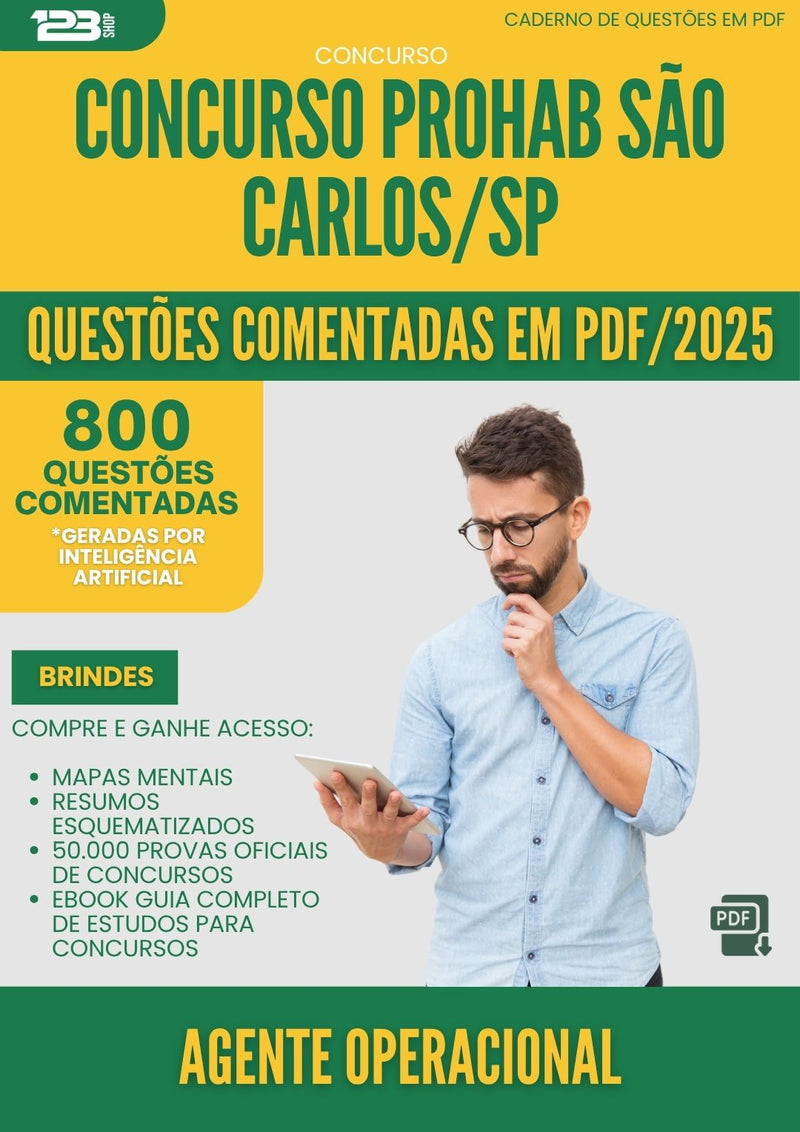 1000 Questões Comentadas para Concurso Agente Operacional Prohab da Prefeitura Sao Carlos Sp 2025 - 800 Questões