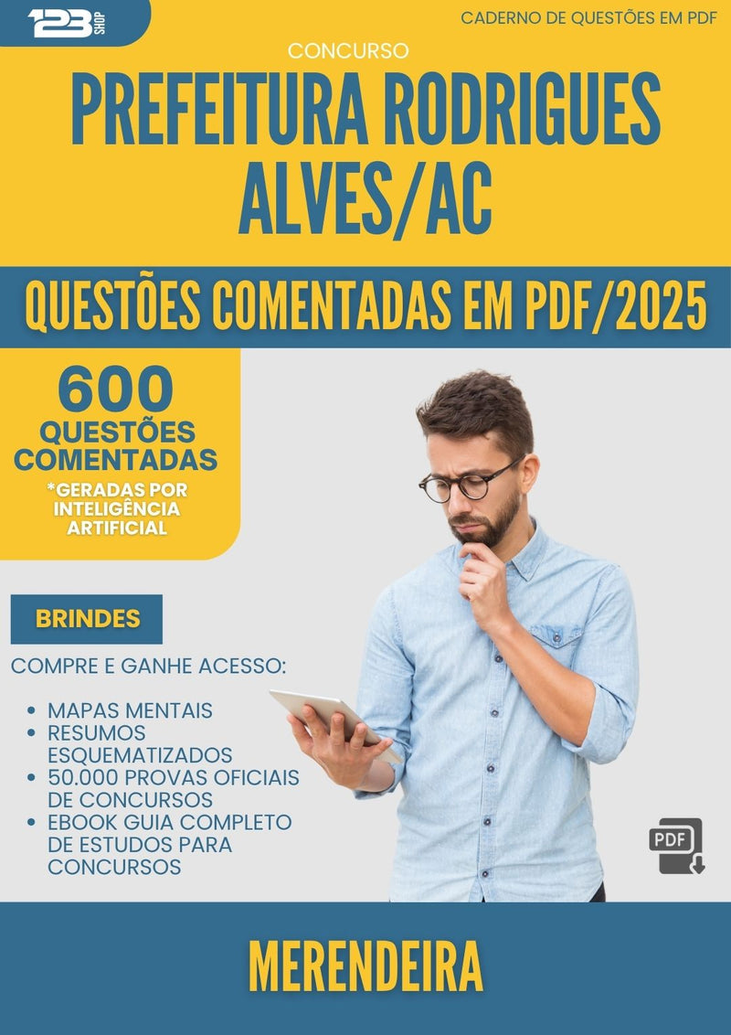1000 Questões Comentadas para Concurso Merendeira da Prefeitura Rodrigues Alves Ac 2025 - 600 Questões