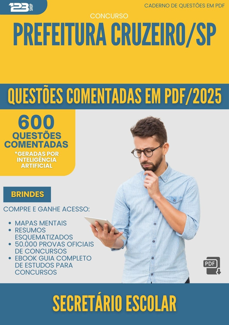 1000 Questões Comentadas para Concurso Secretario Escolar da Prefeitura Cruzeiro Sp 2025 - 600 Questões
